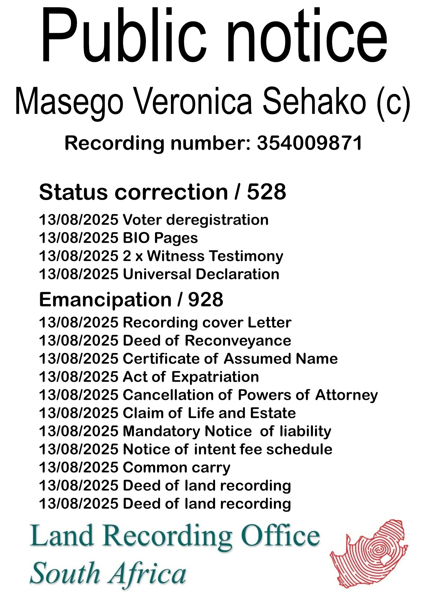 Public notice Masego Veronica Sehako (c) Recording number 354009871